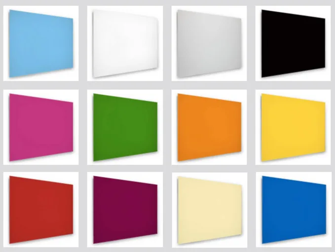 Photo of 12 differently coloured boards