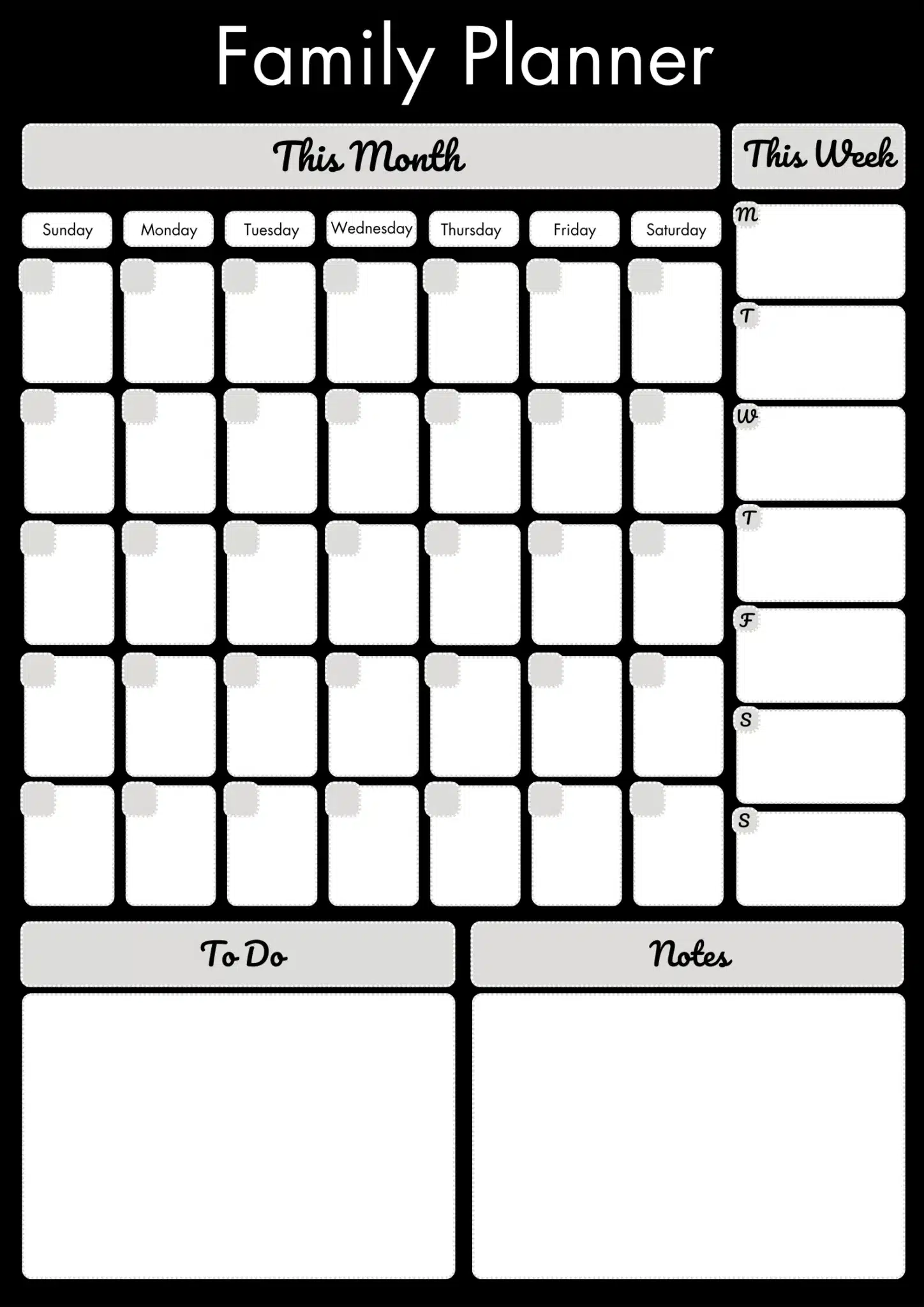 Family Board Portrait Black Planner notice board