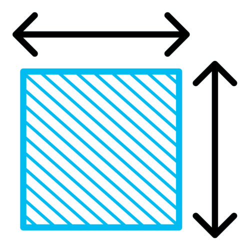 Blue graphic of a glass board with black arrows indicating size