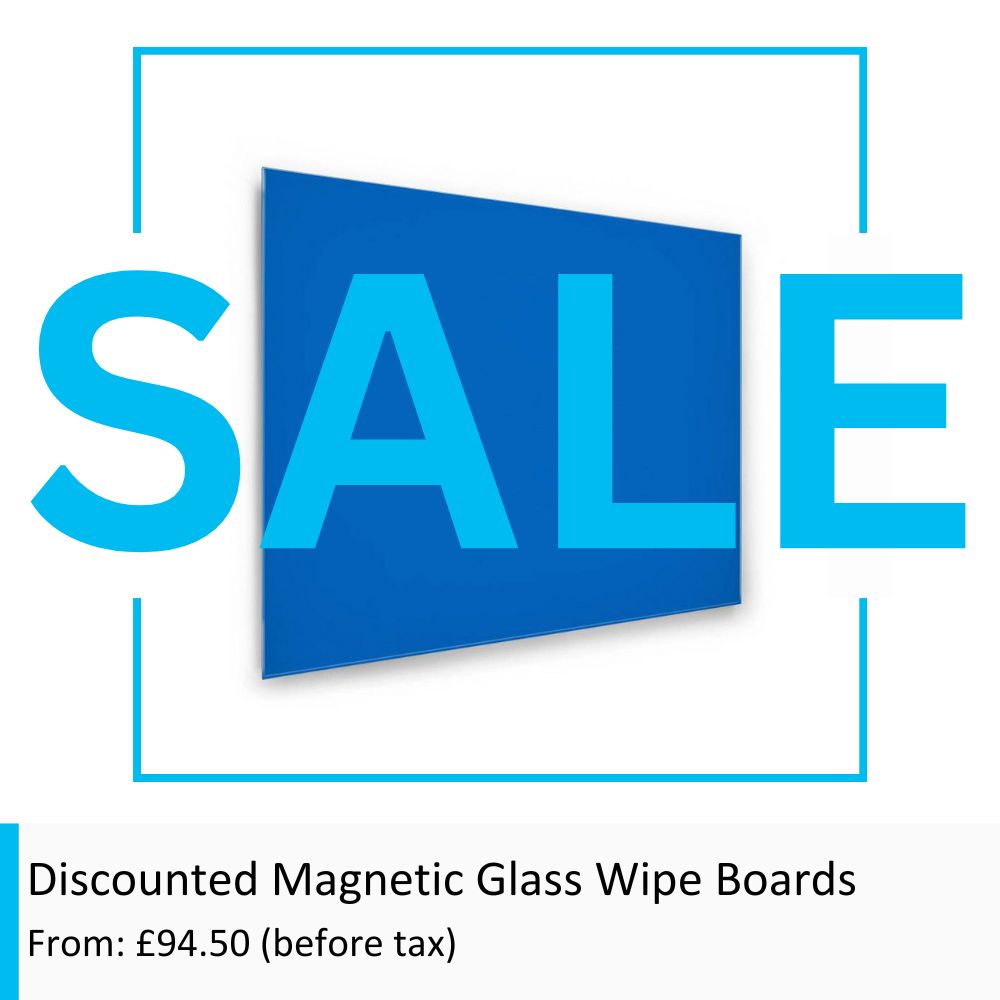 Blue magnetic glass board with 'sale' written over it