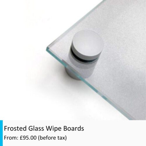 Image of the corner of a Frosted Glass Wipe Board and a stand off fixing