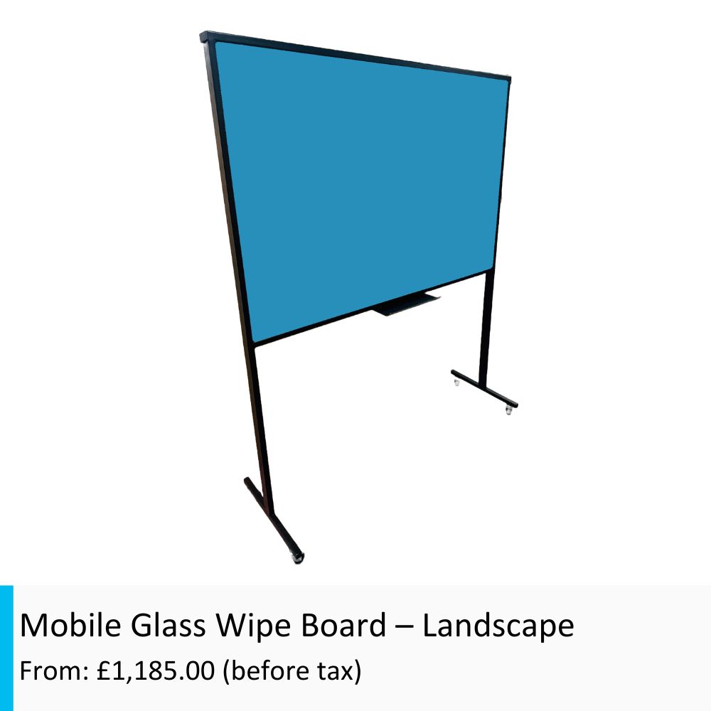 Blue mobile glass wipe board in landscape orientation. In a black frame and on castor wheels