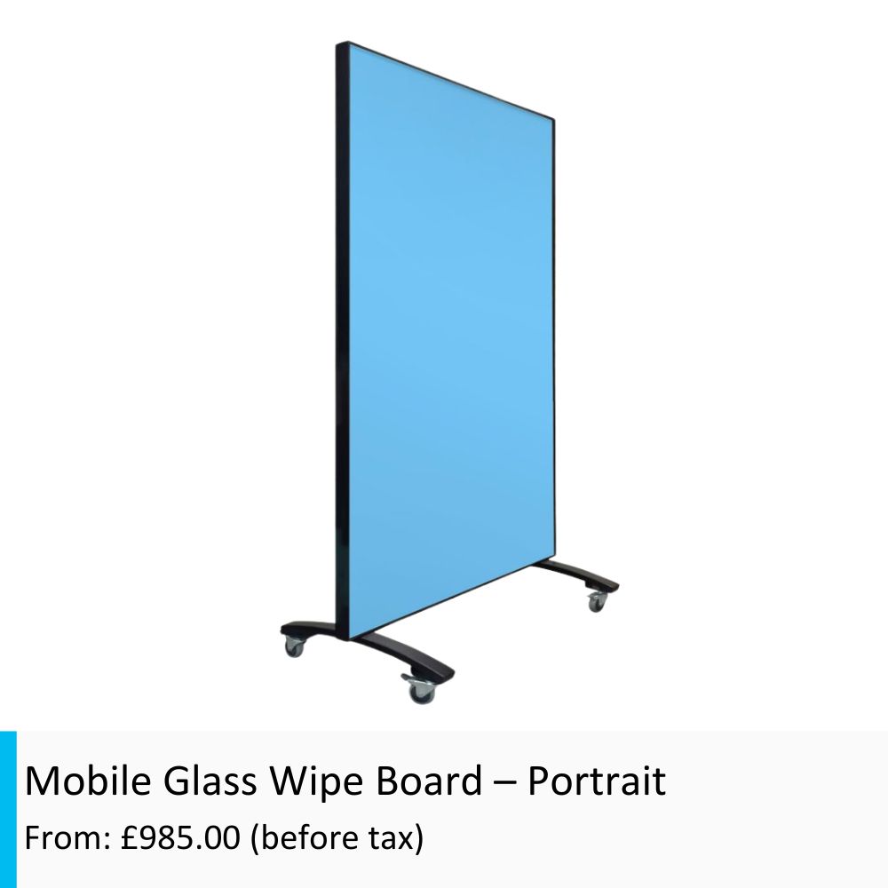 Blue Mobile Glass Wipe Board in Portrait Orientation. In a black frame and with castor wheels.