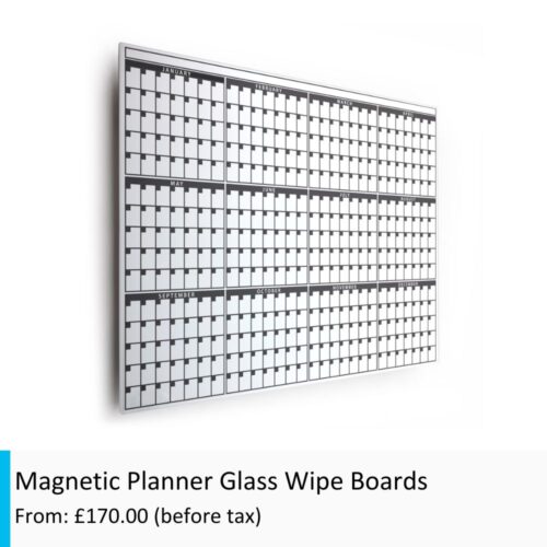 White Magnetic Glass Planner Board. White background with black detail. This is a monthly Planner