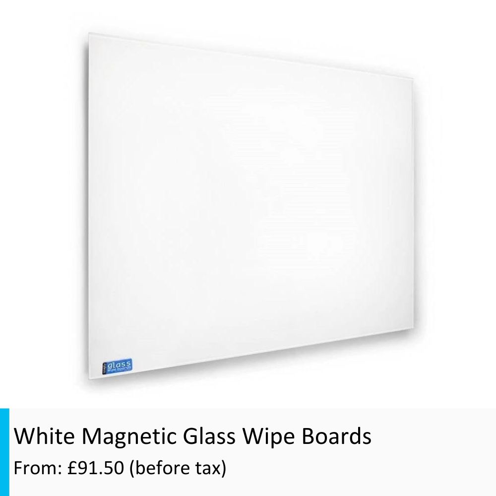 Image of a white magnetic glass wipe board with invisible fixings.
