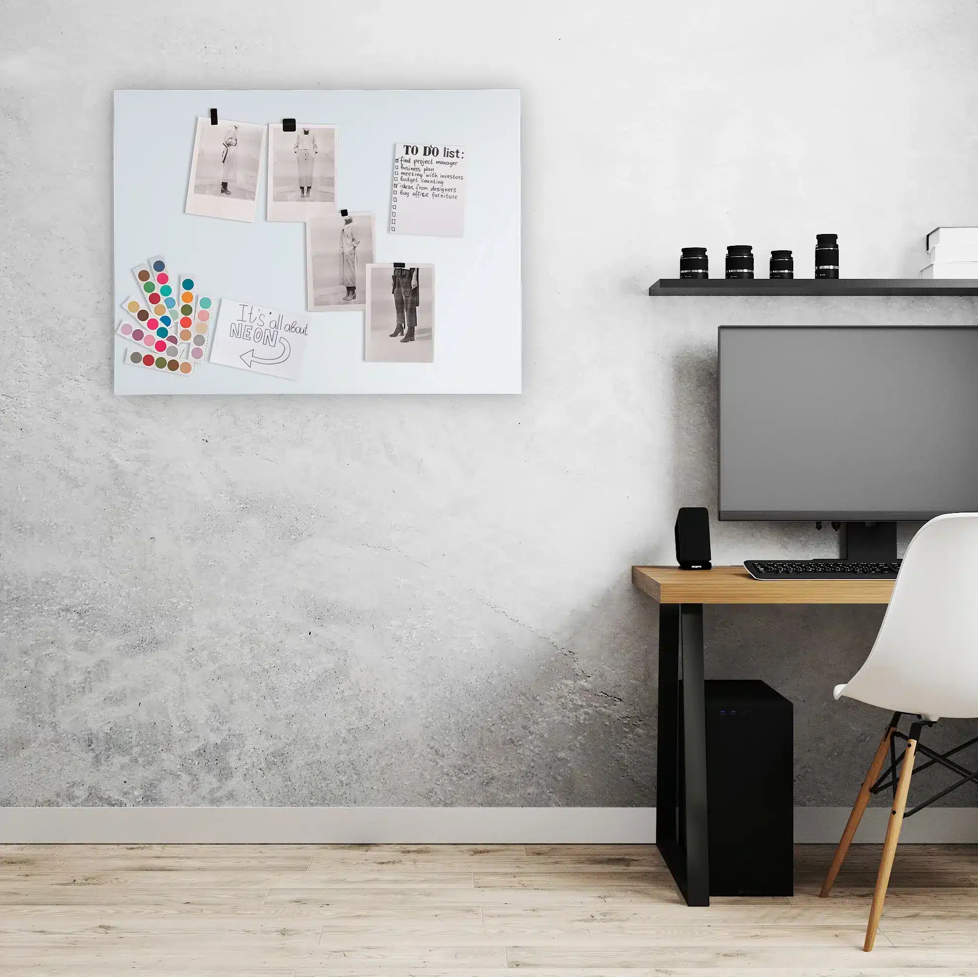 Workplace with PC on wooden table with white modern chair, gray